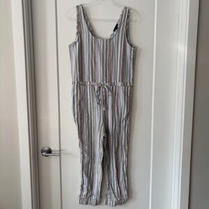 DREW Aqua Olive Striped Linen Blend Jumpsuit